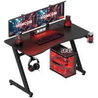 HOMCOM Gaming Desk 120 x 65 cm Steel Frame with Cup Holder, Headphone Hook, Adjustable Feet and Cable Organiser, Home Office Computer Table, Black(m-1)