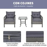 Outsunny Conjunto de Muebles de Ratán Juegos de 3 Piezas de Jardín 2 Sillones 65x66x75 cm y Mesa de Vidrio Templado 50x50x50 cm con Cojines Acolchados para Terraza Patio Gris(m-6)