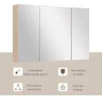 kleankin Armario de Baño con Espejo 3 Puertas y Estantes Ajustables para Aseo Estilo Moderno 90x60x13,5 cm Roble(m-6)