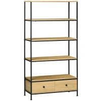HOMCOM Bibliothèque étagère à 5 niveaux 2 tiroirs style industriel aspect bois et acier 80 x 30 x 161 cm naturel noir(m-1)