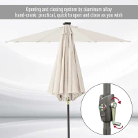 Outsunny Φ2.7m Garden 24 LED Light Parasol Solar Outdoor Tilt Sun Umbrella Patio Club Party Event Manual Sun Shade w/ Hand Crank and 8 Ribs, Off-white(m-7)