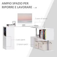 HOMCOM Scrivania Moderna, Angolare e Girevole con Libreria, Tavolo da Pranzo in Truciolato Bianco, 140x120x78 cm(m-6)