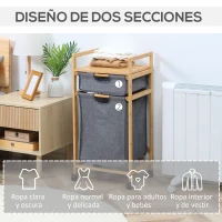 HOMCOM Cesto para Ropa Sucia Cesta para la Colada de Bambú con 2 Bolsas de Tela Extraíbles y Ruedas 42x35x84,5 cm Gris(m-6)