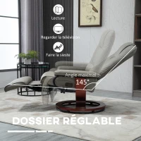 HOMCOM Fauteuil relax inclinable repose-pieds réglable pivotant 360° piètement bois revêtement synthétique gris(m-4)