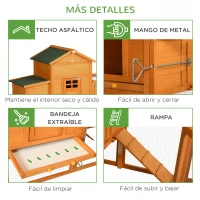 PawHut Gallinero de Madera Grande para 3-6 Gallinas con Techo Asfáltico Nido y Bandeja Extraíble 297,5x68x118 cm Natural(m-7)
