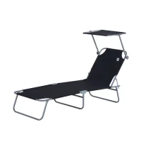 Outsunny Outdoor Foldable Sun Lounger, 4 Level Adjustable Backrest Reclining Sun Lounger Chair with Angle Adjust Sun Shade Awning for Beach, Garden, Patio, Black(m-11)