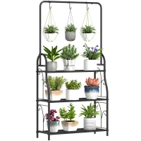 Outsunny Blumenregal, 3-stufiges Pflanzenregal mit Hängehaken, Metallregal für Blumentöpfe, Indoor- und Outdoor-tauglich, Schwarz(m-10)