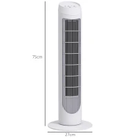 HOMCOM Ventilador de Torre 45W Ventilador Vertical Silencioso con 3 Velocidades Oscilación 70° para Salón Ø27x75 cm Blanco(m-3)