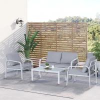 Outsunny 4pcs Garden Sofa Set 2 Single Armchair, 1 Bench & 1 Coffee Table Set Aluminum Frame Patio Furniture with Cushions, White(m-10)