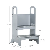 HOMCOM Lernturm Tritthocker für Küche Schemel Stehender für Küchentheke Küchenhelfer mit 2 Stufen mehr Sicherheit Grau für 3-8 Jahre Kiefer 45 x 40 x 80 cm(m-3)