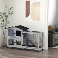 PawHut Portable Rabbit Cage, Rabbit Hutch with Run, Wheels, Three Slide-Out Trays, Ramp, Openable Top for Outdoor Indoor - Grey(m-2)