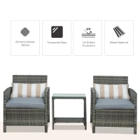 Outsunny 3 Pieces Rattan Bistro Set, Wicker Garden Furniture Set, Glass Top 2-tier Coffee Table and Chairs Set with Pillows and Washable Cushions for Outdoor, Patio, Balcony, Grey(m-4)
