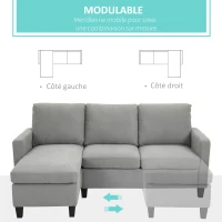 HOMCOM Canapé d'angle canapé 3 places avec méridienne réversible gauche ou droite pour salon, bureau, appartement, tissu polyester 197L x 139l x 91H cm gris clair(m-4)