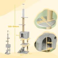 PawHut Árbol para Gatos de Suelo a Techo de 225-255 cm con Altura Ajustable Múltiples Plataformas Escalera Bola Colgante Gris(m-3)
