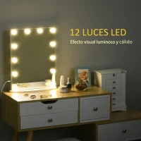 HOMCOM Espejo de Maquillaje Estilo Hollywood Espejo de Tocador Táctil con 12 Luces LED Ajustables 41,5x13,5x51 cm Blanco(m-4)