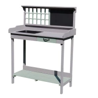 HOMCOM Table de rempotage multi-équipée table de jardinage avec tiroir, étagère, évier dim. 92L x 42,5l x 119,5H cm bois massif pré-huilé gris vert menthe(m-1)