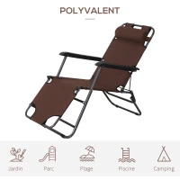 Outsunny Chaise Longue inclinable transat Bain de Soleil fauteuil relax jardin 2 en 1 Pliant têtière Amovible Charge Max. 136 Kg Toile Oxford Facile d'entretien Marron(m-4)