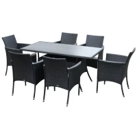 Outsunny 6 Seater Rattan Dining Set with Cushions, Rattan Garden Furniture Set with 6 Armchairs, Rectangular Glass Top Table, Outdoor Dining Table and Chairs, Black(m-13)