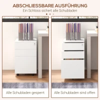 Vinsetto Rollcontainer Aktenschrank, 3 Schubladen, abschließbar, rollbar, 37 cm x 43,5 cm x 60 cm, Weiß(m-6)
