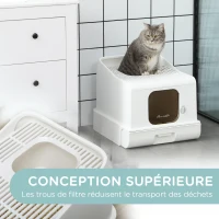 PawHut Maison de toilette pour chat 2 portes avec pelle et bac amovible - roulettes et poignée - PE blanc(m-6)