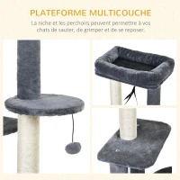PawHut Arbre à chats avec griffoirs grattoirs sisal naturel centre d'activités niche plateformes 2 jouets suspendus gris(m-4)
