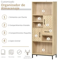 HOMCOM Librería Estantería para Libros CDs DVDs con 5 Compartimentos Cajón 2 Armarios de Puerta y Dispositivo Antivuelco 60x30x150 cm Madera Natural(m-4)