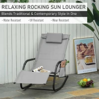 Outsunny 2PCs Outdoor Garden Rocking Chair, Patio Sun Lounger Rocker Chair with Breathable Mesh Fabric, Removable Headrest Pillow, Armrest, Side Storage Bag, Grey(m-4)