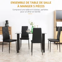 HOMCOM Ensemble de table à manger avec 4 chaises plateau en verre trempé, pieds en acier, pour cuisine salon noir(m-4)