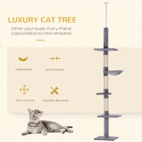 PawHut Floor to Ceiling Cat Tree Height Adjustable 230-260cm, 5-Tier Cat Tower with Scratching Post, Hammock, Perches, Climbing Activity Centre for Indoor Kittens, Grey(m-4)