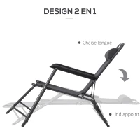 Outsunny Chaise Longue inclinable transat Bain de Soleil fauteuil relax jardin 2 en 1 Pliant têtière Amovible Charge Max. 136 Kg Toile Oxford Facile d'entretien Gris(m-6)