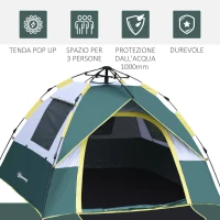 Outsunny Tenda da Campeggio 2 Posti con Apertura Automatica, Tasche Interne e Tappetino, 205x195x135 cm, Verde Oliva(m-4)