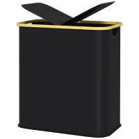 HOMCOM Coș pentru Rufe de 80L cu 2 Secțiuni și Capac din Material Textil și Bambus, 54x34x58,5 cm, Negru(m-10)