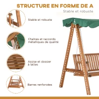 Outsunny Balancelle de Jardin 3 Places Toit imperméabilisé 2 tablettes Support 1,9L x 1,3l x 1,85H m Charge Max. 360 Kg Bois de pin Vert(m-5)