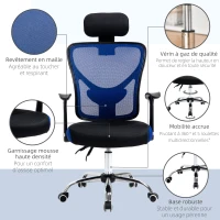 Vinsetto Chaise de bureau, fauteuil de bureau ergonomique en maille avec hauteur et appui-tête réglable, dossier inclinable et support lombaire, pour chambre, télétravail, charge 120 Kg, noir et bleu(m-5)