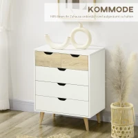 HOMCOM Kommode, Schrank, 5 Schubladen, Kippschutz, modernes Design, Kiefernholz, weiß+hellbraun, 60 x 40 x 77,5cm(m-4)