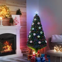 HOMCOM Albero di Natale Artificiale 150cm con Fibre Ottiche e 21 Luci LED, Decorazioni a Forma di Fiocco di Neve, Verde(m-2)