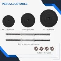 HOMCOM Juego de Mancuernas Pesas de Fitness Total 40 kg 4x5 kg 4x2,5 kg 4x1,5 kg Ajustable Profesionales Gimnasio Doméstico y Musculación con 2 Barras Ø25x450 mm Acero y Discos(m-4)