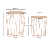 HOMCOM Beistelltisch mit Stauraum 2er Set Metall Korb mit Holzdeckel Nachttisch Natur+Rosa Gold  Ø40,7 x 49,5 cm Ø33,8 x 40,8 cm(m-3)
