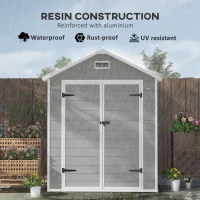 Outsunny 6 x 5ft Garden Shed, Plastic Shed with Floor, Window, Lockable Doors and Vents, Wood Effect Resin Tool Shed for Outdoor Patio, Dark Grey(m-4)