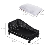 PawHut Cuccia per Animali Domestici Forma Chaise Longue in Vimini Nero Cuscino in Pile 69x42x33cm(m-3)