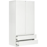 HOMCOM Armadio Guardaroba in Truciolato Bianco con Appendiabiti e 2 Cassetti Scorrevoli per Camere da Letto, 100x60x200 cm(m-8)
