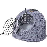 PawHut Cestino per Gatti Fino 5Kg in Vimini, Trasportini Gatti Vimini, Naturale Grigio con Cuscino Incluso (47cm x 35cm x 35cm)(m-1)