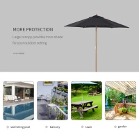 Outsunny 2.5m Wood Garden Parasol Sun Shade Patio Outdoor Wooden Umbrella Canopy Black(m-6)