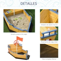 Outsunny Arenero Infantil de Madera Diseño de Galeón con 2 Escalones Banco con Almacenaje Bandera y Timón Cajón de Arena(m-7)
