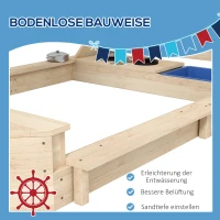 Outsunny Sandkasten mit Sonnendach Piratenschiff, inkl. Kinderküchenspielset, Massivholz, 180 x 103 x 144,5 cm, Natur + Blau(m-5)