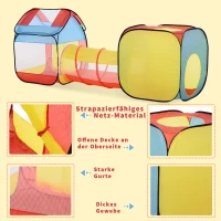 HOMCOM Pop up Kinderspielzelt, 3-teiliges Kinderzelt, Faltbares Babyzelt, Tunnel, Polyester, 230 x 70 x 89 cm(m-4)