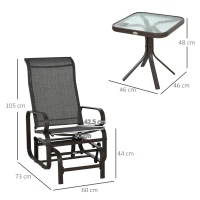 Outsunny 3 Pieces Garden Gliding Chair Set, Metal Frame 2 Single Armchair Swing Seater and 1 Glass Top Coffee Table w/ Breath Mesh Fabric Seat, Brown(m-3)