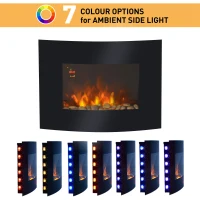 HOMCOM Led Wall Mounted Fireplace Curved Glass Electric Fire Place Fire Place 7 Colour Side Lights Slimline, 900/1800W, 65cm x 52cm(m-5)