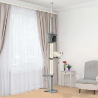 PawHut Árbol Rascador para Gatos Rascador para Fijar al Techo Altura 255 cm con Plataformas Cueva Postes de Sisal Bolas Colgantes Gris Claro(m-2)