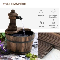 Outsunny Fontaine de Jardin tonneau Pompe à Eau Submersible Incluse Ø 27 x 37H cm Bois de pin Marron(m-6)